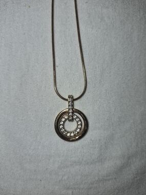 Gold Tone Circle Pendant Necklace with Rhinestones Minimalist Elegant 18”